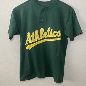 Oakland Athletics Shirt Boys Large Green Yellow Henley Collar Majestic